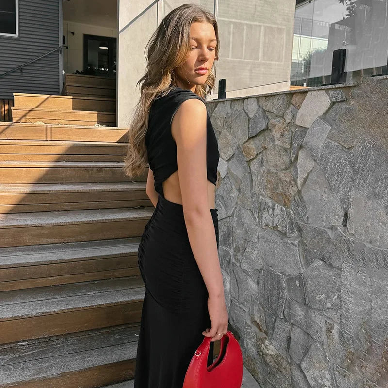 Elegant Dresses - Sexy Sleeveless Hollow Out Pleated Patchwork Maxi Dress For Women High Waist Off-shoulder Slim Club Party Long Dress