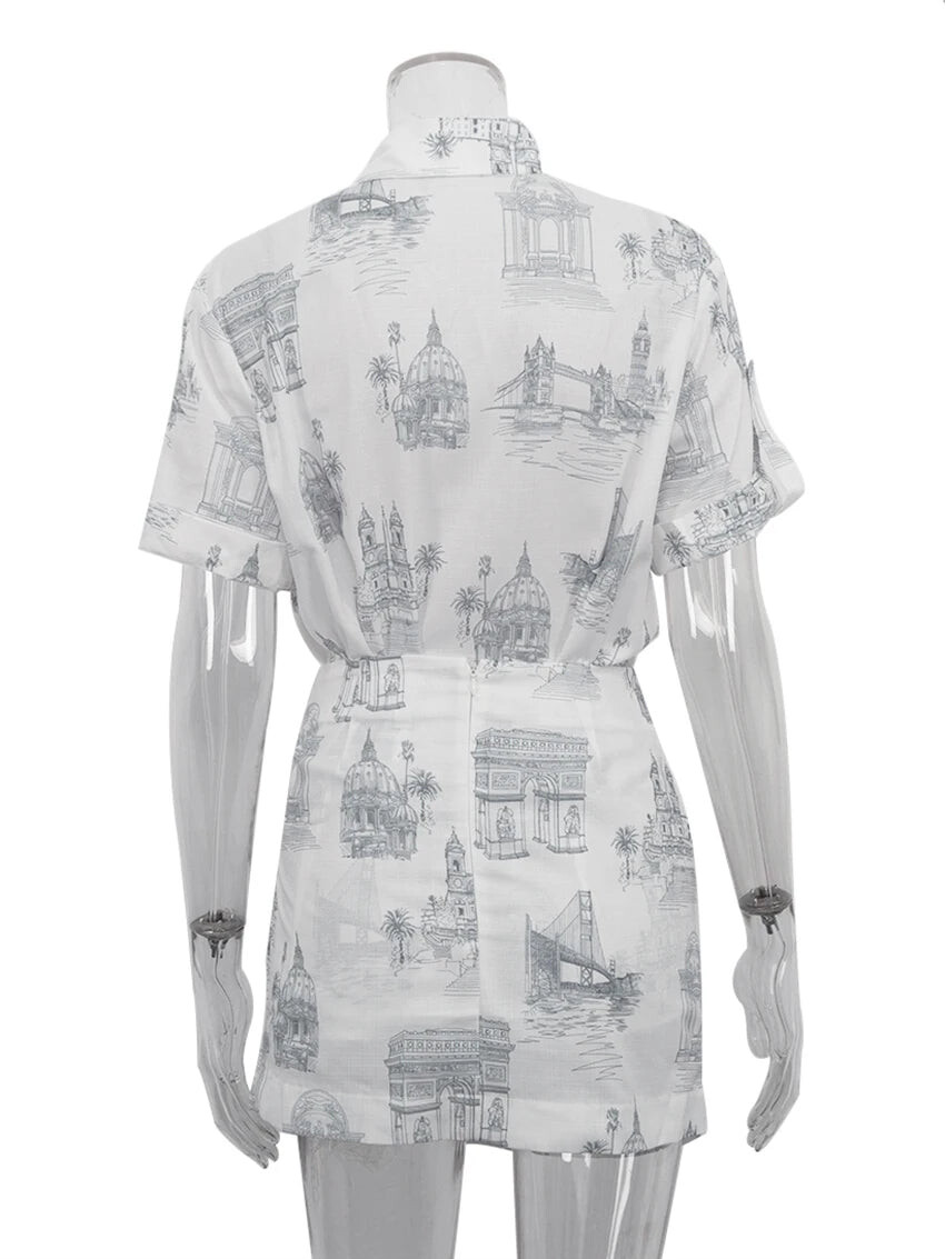 Skirt Sets - Summer Loose Print 2 Piece Sets Women Outfit 2024 Elegant Short Sleeve Shirt With High Waist Lace-Up Mini Skirts Set