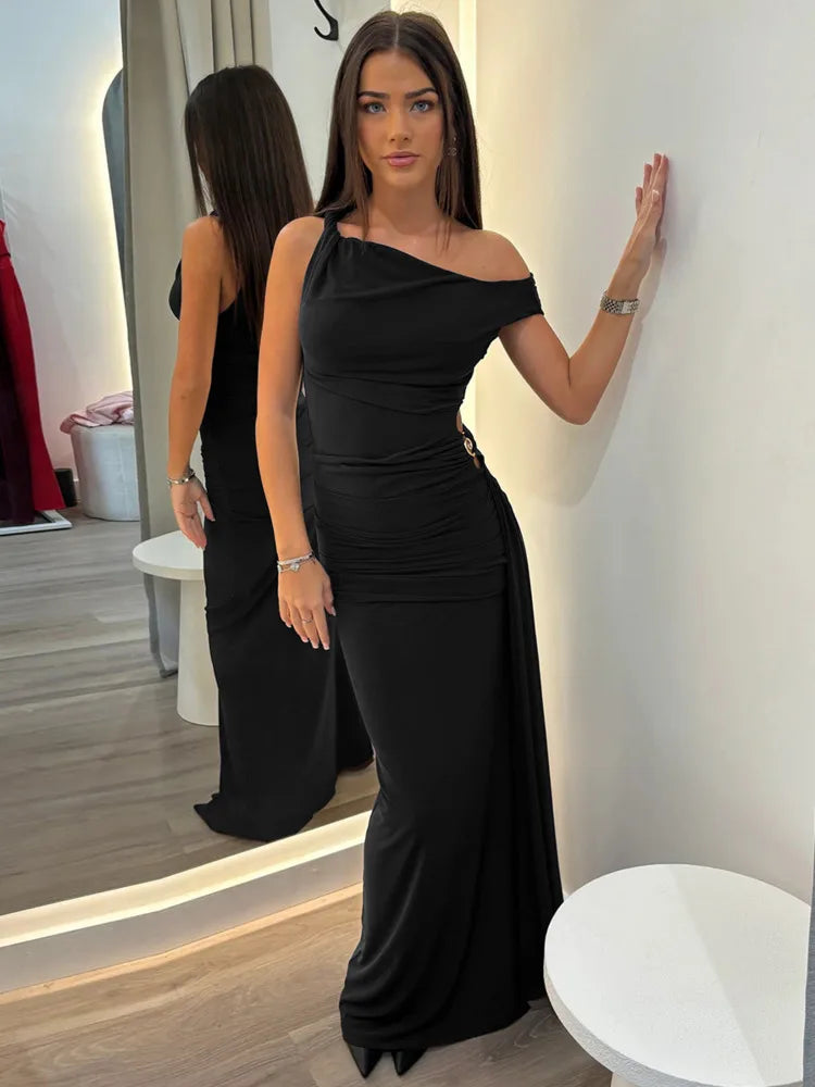 Elegant Dresses - Oblique Shoulder Backless Sexy Maxi Dress For Women Fashion Off-shoulder Sleeveless High Waist Bodycon Club Long Dress