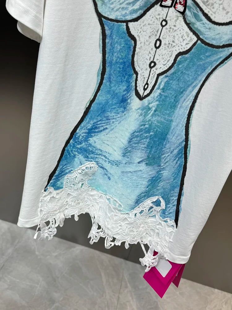 T-Shirts - Trendy New Items Women's Spliced Lace Print T-shirt 2024 Spring Fashion Round Neck Short Sleeves Tops Female 11XX8901
