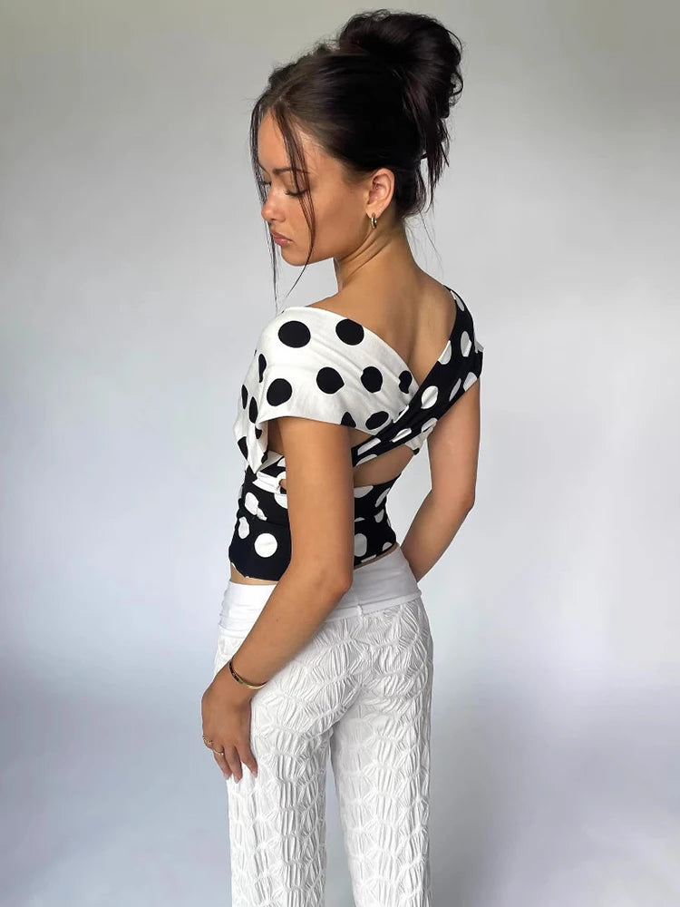 Sleeveless Blouses - Contrast Polka Dot Cross Scarf Vest Sexy Hot Girl Two Wears Short Top V Neck Slim Fashion Club Party Tank 2025 New Summer