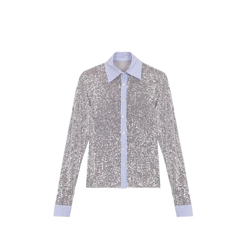 Shorts Sets - Silver Glitter Shorts Sets Women Contrast Color Single-breasted Shirt And Shorts Sparkle Two Piece Set Shorts Sets