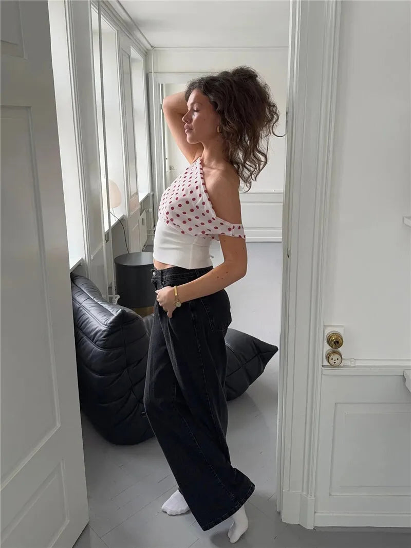 Crop Blouses - Backless Polka Dot Crop Tops Women Vest Fashion Summer New Oblique Shoulder Sleeveless Tank Tops Pullovers Female