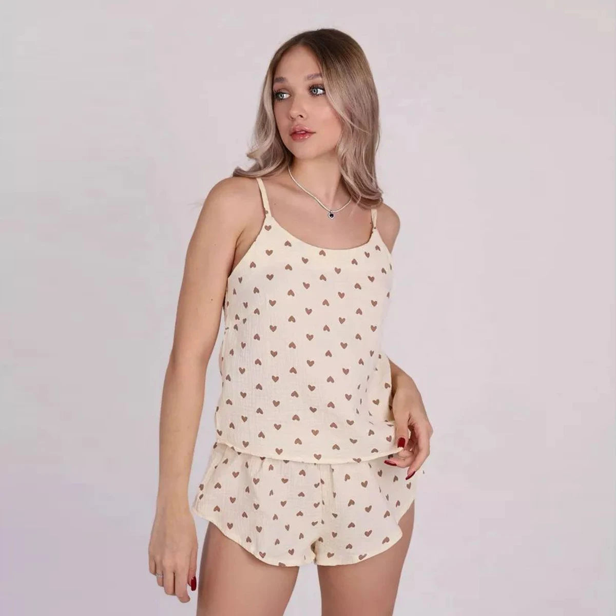 Pajamas Set - Cotton Sexy Summer Women Pajamas Set Spaghetti Strap Sleepwear heart Print Tank Tops And Shorts Cute Soft Sleeveless Nightwear
