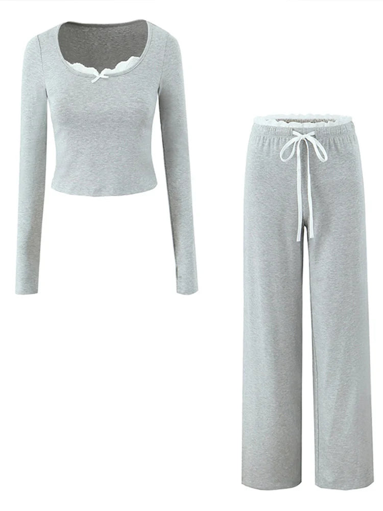 Loungewear - Women Lace Top Pant Suit Casual Bow Lace Up Patchwork Blouse Loose Elastic Waist Trouser Female Sets 2025 Spring Lady Streetwear