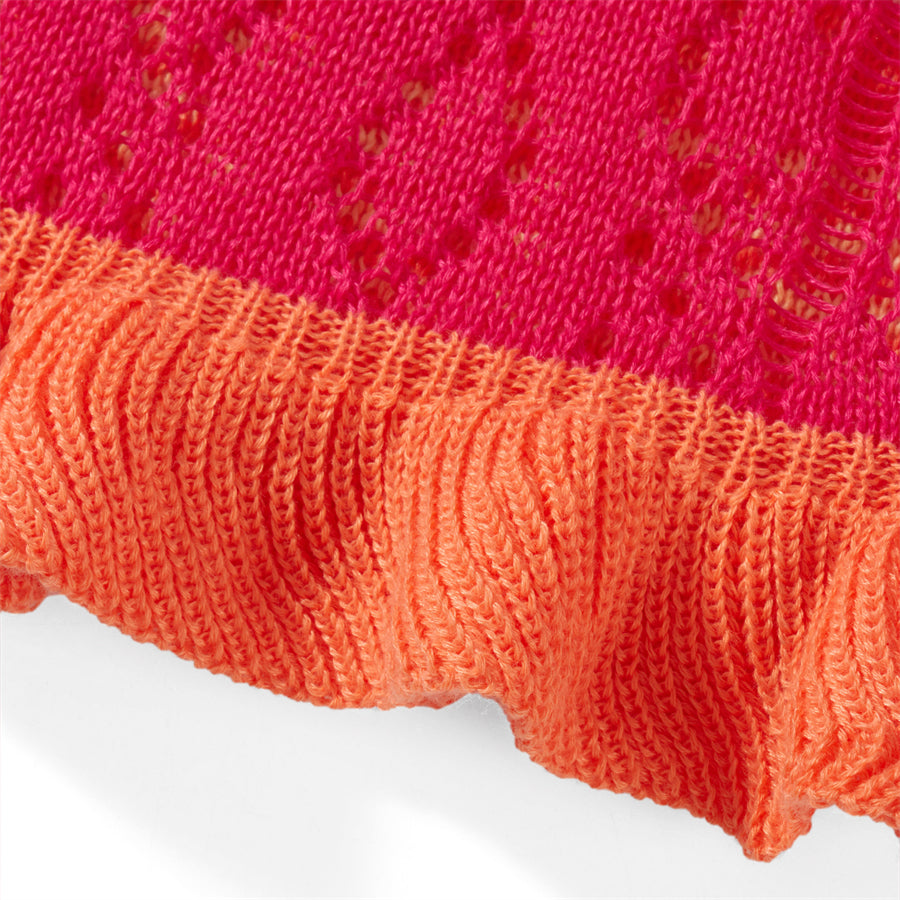 Beach Dresses - Contrast Color Hollow-Out Knit Beach Long Dress 2023 Summer See-Through One-Shoulder Long Sleeve Halter Tie-up Cover-Ups Dress