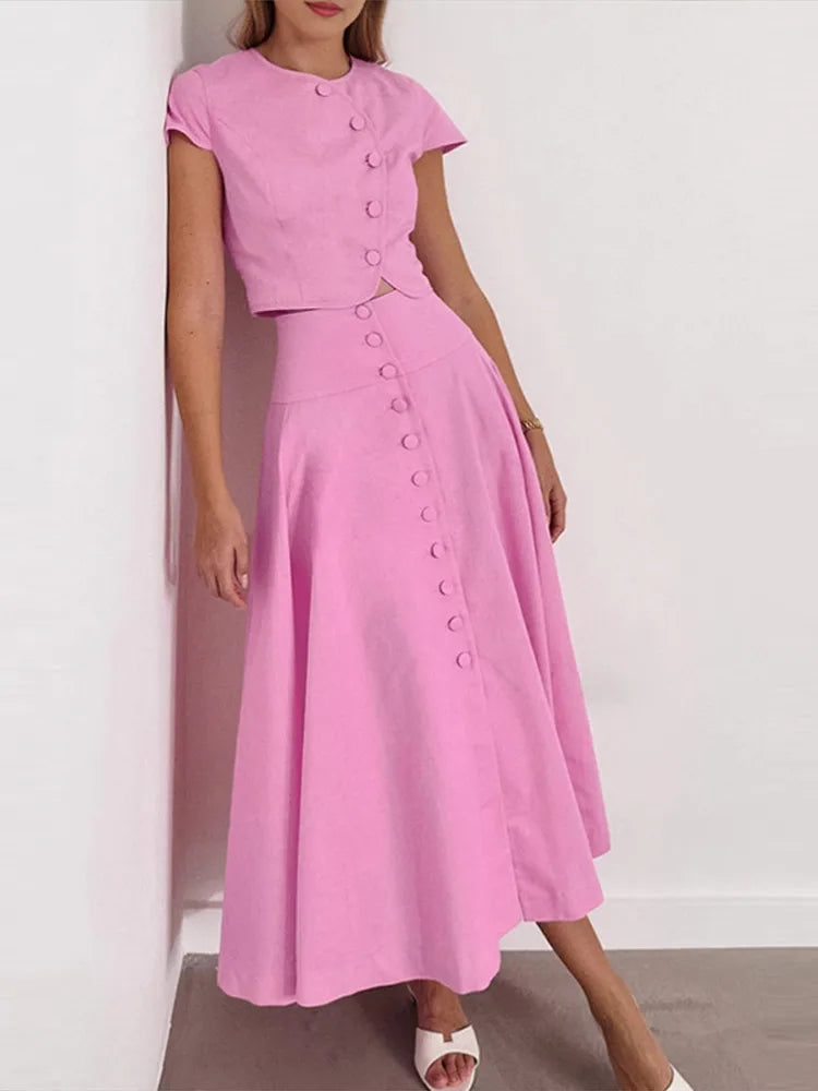 Skirt set - Women Vest Skirt Suit Solid O-neck Single Breasted Short Sleeve Short Top Button Wide Leg Skirts Female Summer Lady Beach Wears