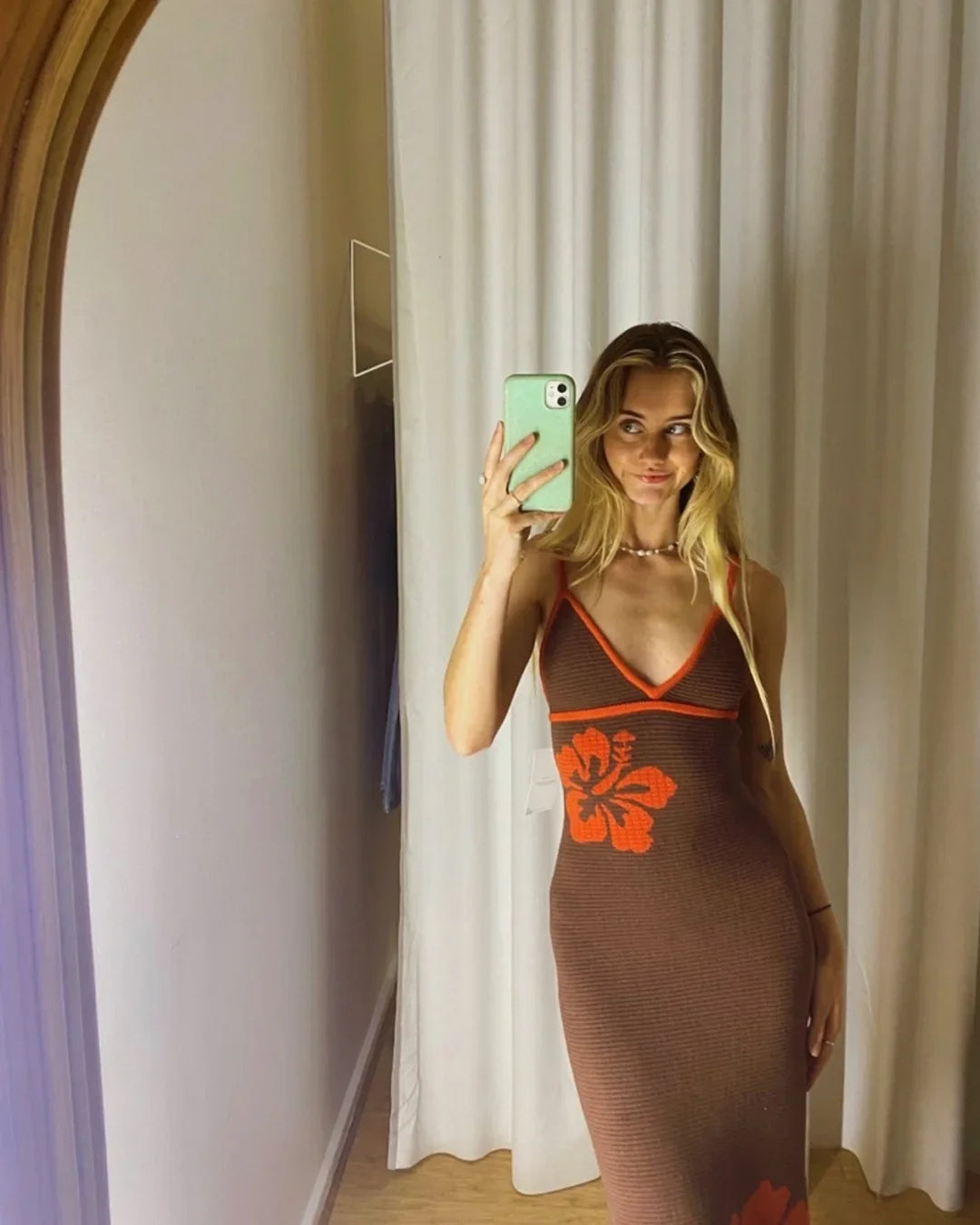 Vacation Dresses - 2024 Summer New Knitted Halterneck with Suspenders V-neck Sexy Backless Fashion Flower Print Slim Dress