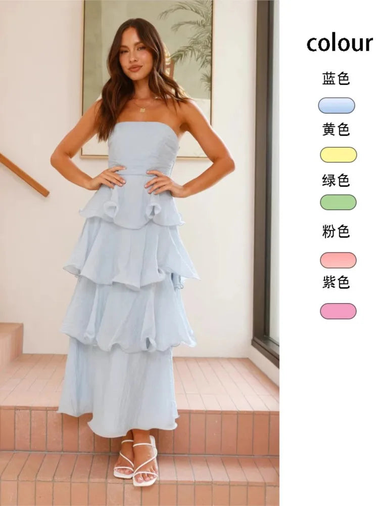 Elegant Dresses - Women's Elegant Tube Top Party Cake Dress Sexy Backless Fashion Solid Color Multi-layered Hem Banquet Dresses Vacation Vestidos