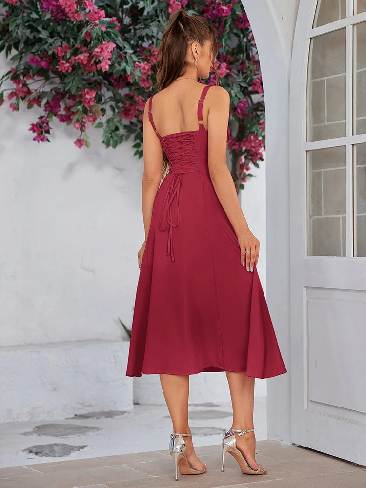Cami Dresses - Summer Sweet Solid Sleeveless Long Dress Women Fashion Bandage Camisole Dresses Padded Boned Robe Elegant Party Vestidos