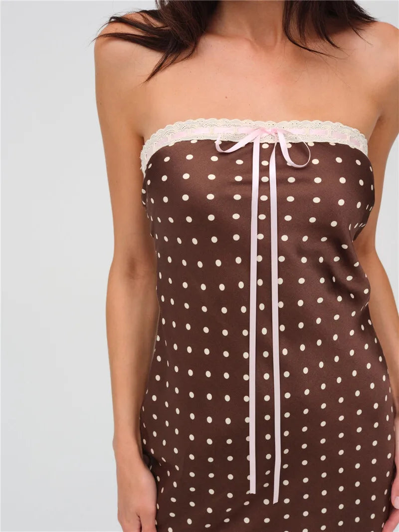 Strapless Dresses - Lace Strapless Backless Sexy Midi Dress For Women Fashion Off-shoulder Sleeveless Bodycon Polka Dot Dress Elegant