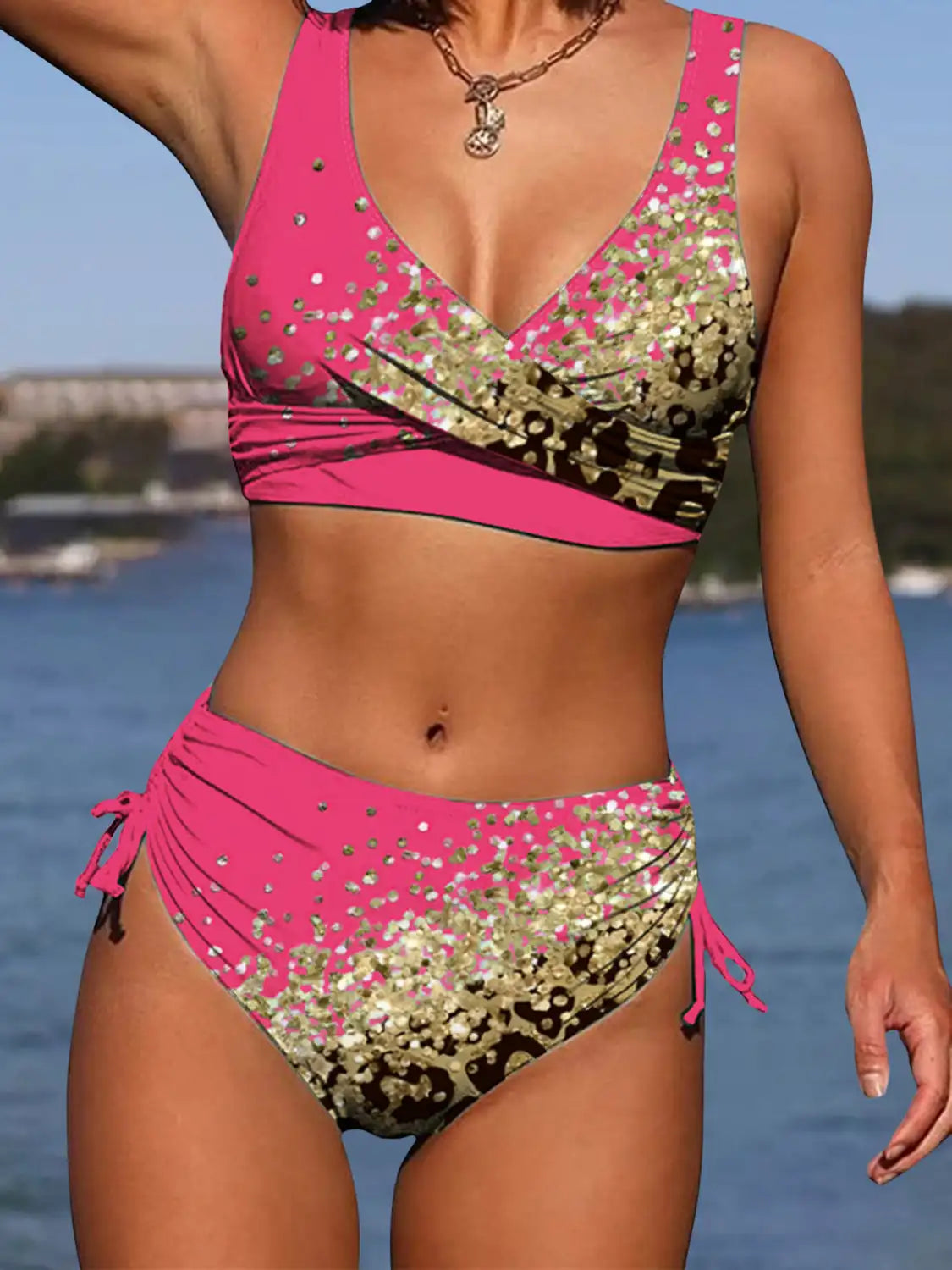 Swimwear - 2024 Drawstring V Neck High Waist Bikini Women Printed Swimwear Female Swimsuit Bathers Bathing Swimming Suit Beachwear Summer