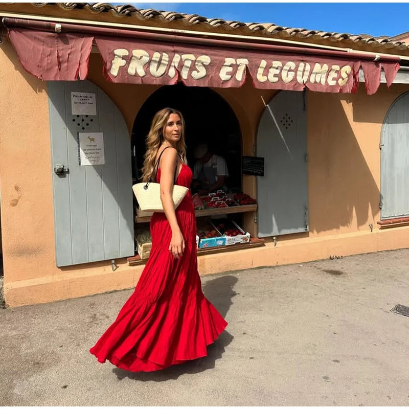 - Elegant Suspender Maxi Dress Women Sexy Summer Pleated Sling Beach Dress Female Backless V-neck Vacation Evening Long Vestidos