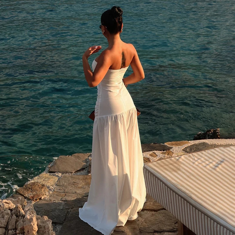 Vacation Dresses - Women's Beach Vacation Strapless Hollow Dress Solid Color Sleeveless Bodycon Maxi Dress Lady High Waist Splice 2025 New