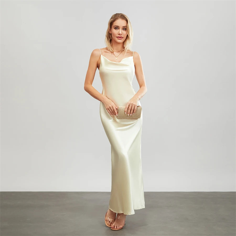 Satin Dresses - Backless Spaghetti Straps Party Long Dresses 2024 New Evening Gown Satin Vestidos Women's Cowl Neck Slip Wrap Dress