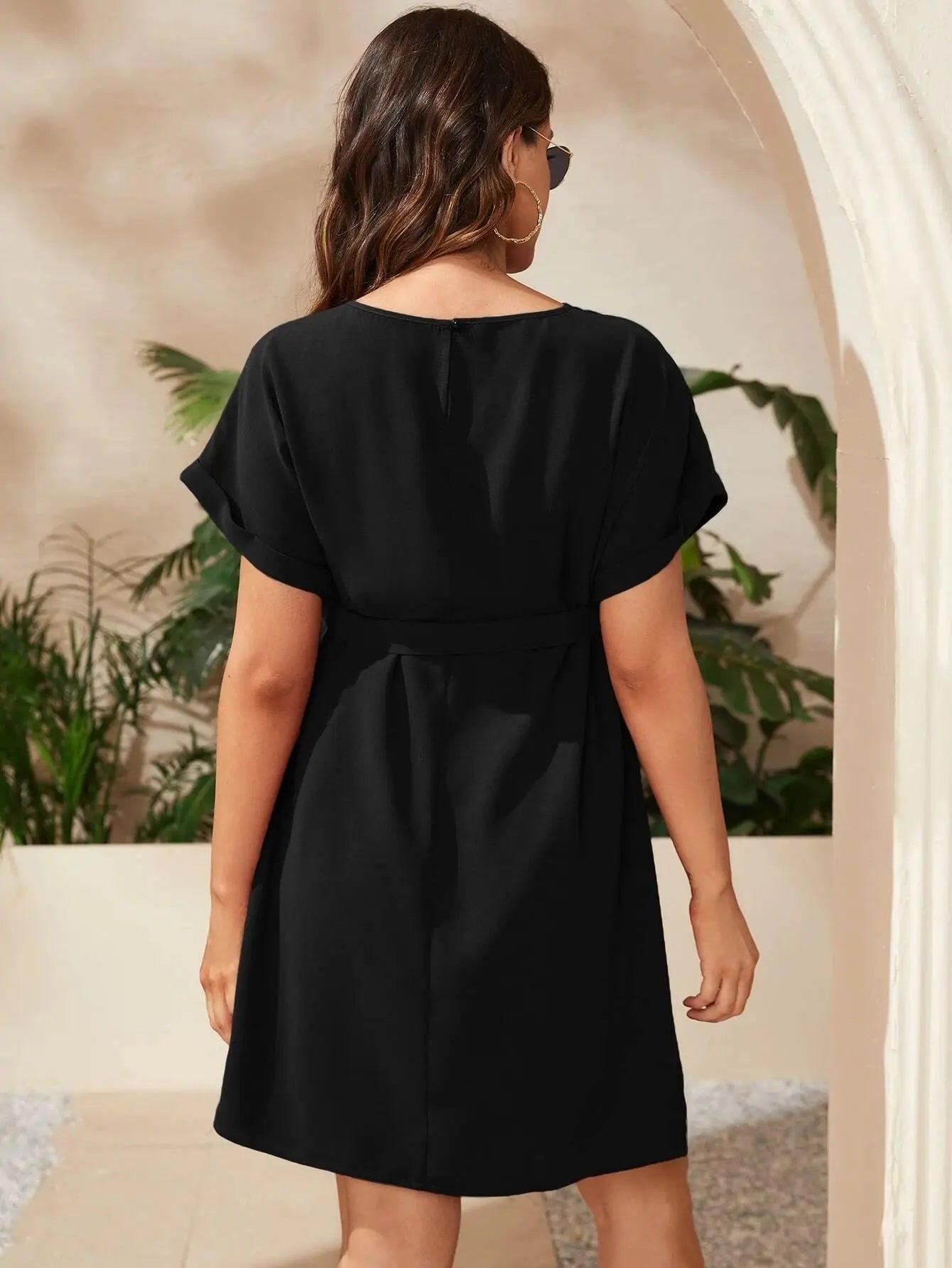 Maternity Dresses - Pregnant Woman Bat Sleeve Waist Tied Dress Pregnant Women Solid Color Lace Up Round Neck Dress Women Casual Dress