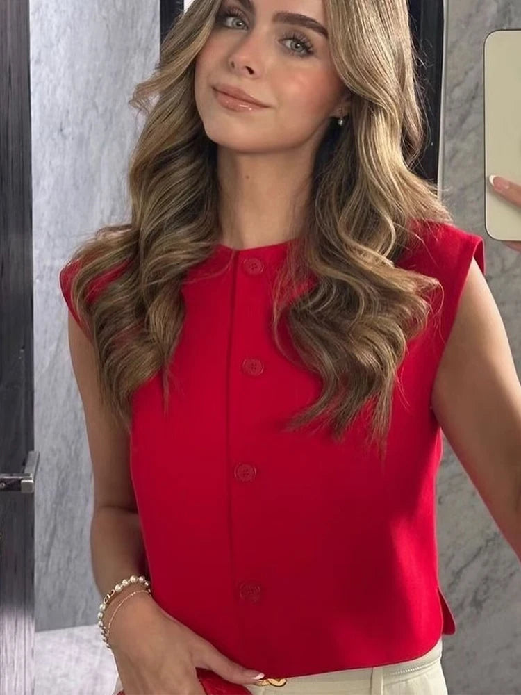 Crop Blouses - Women 2024 Red White Black Vest Korean Sleeveless Vest Woman Top Cardigan