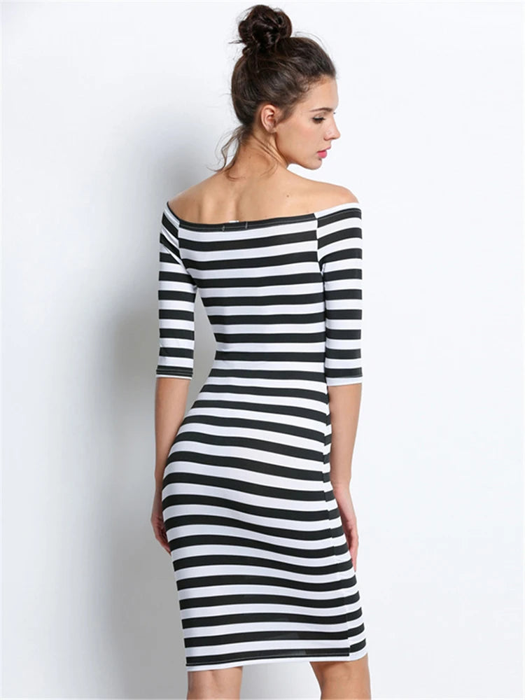 Bodycon dresses - Spring Summer Dresses Woman Size Dresses For Women Casual Stripe Print Off The Shoulder Half Long Sleeve Long Dress Robe Femme