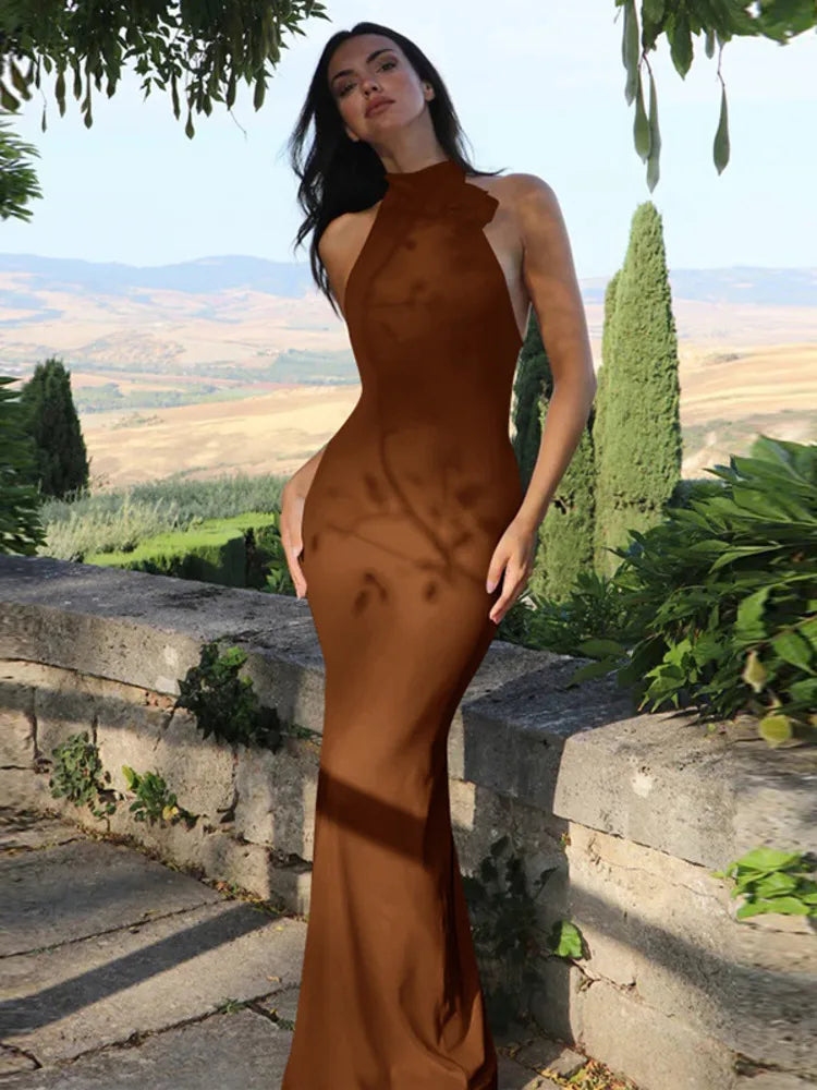 Elegant Dresses - Flower Sleeveless Sexy Maxi Dress For Women Gown Fashion Halter Backless Bodycon Evening Club Long Dress Vestido