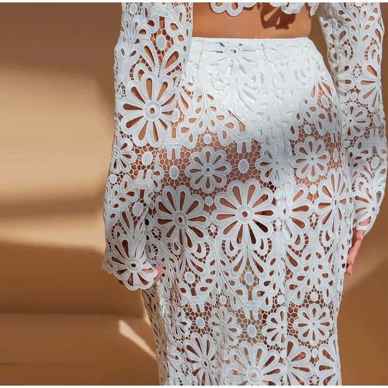 Matching Sets - Elegant See Through Crochet Top Women Set Hallow Out Flare Long Sleeve Top Slim Empire Hip Package Skirts 2025 Summer Lady Set