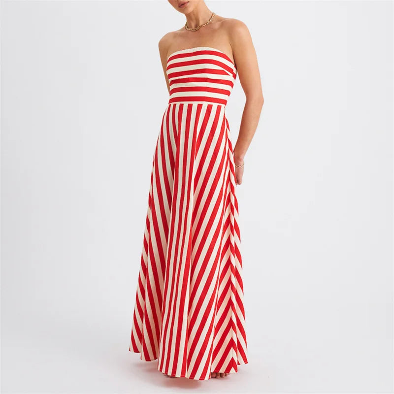 Strapless Dresses - Tube Dress for Women y2k Summer Striped Print Off Shoulder Strapless Sleeveless A Line Long Dress Beach Party Dresses