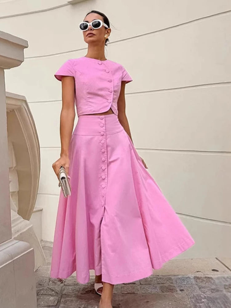 Skirt set - Women Vest Skirt Suit Solid O-neck Single Breasted Short Sleeve Short Top Button Wide Leg Skirts Female Summer Lady Beach Wears