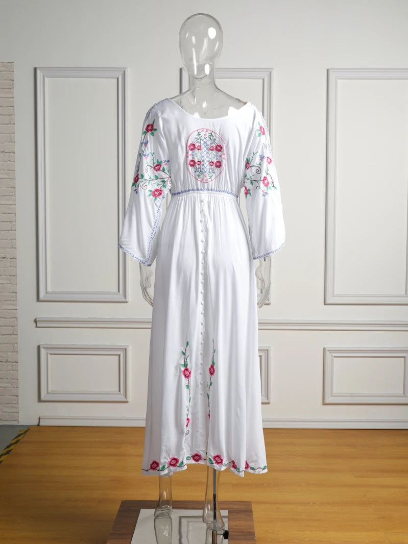 Kaftans - Jastie Embroidered Women Maxi Dress V-Neck Batwing Sleeve Loose Oversize Summer Dresses Drawstring Waist Boho Beach Vestidos