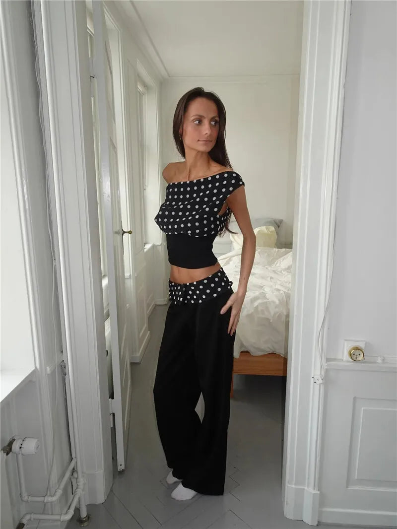 Crop Blouses - Backless Polka Dot Crop Tops Women Vest Fashion Summer New Oblique Shoulder Sleeveless Tank Tops Pullovers Female