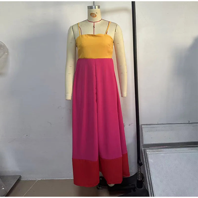 Casual Dresses - Contrast Color Holiday Long Dress Women 2025 Spring Spaghetti Strap High Waist Sleeveless Backless Dresses Female A-line Beach