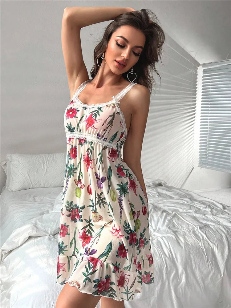 Loungewear - Floral Print Sleepwear Mesh Ruffle Hem Cami Nightdress Bride Nightwear Babydoll Vintage Sleep Dress