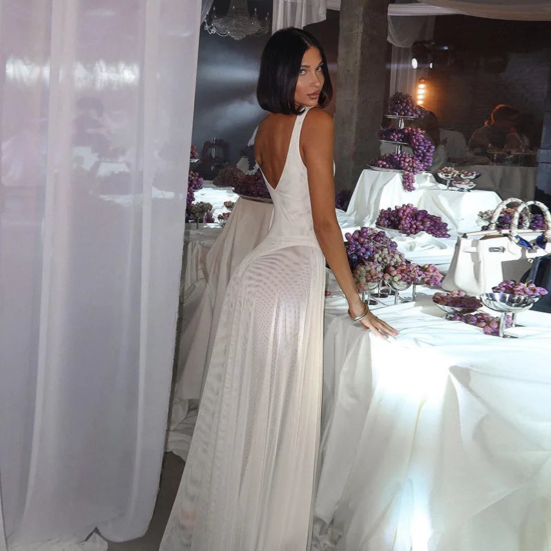 See-through Dresses - White Mesh Pleated Evening Club Party Dress Women Robes Backless Elegant Sexy Dress Bodycon Long Summer Dress Vestidos