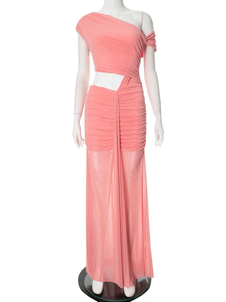 Elegant Dresses - Sexy Sleeveless Hollow Out Pleated Patchwork Maxi Dress For Women High Waist Off-shoulder Slim Club Party Long Dress