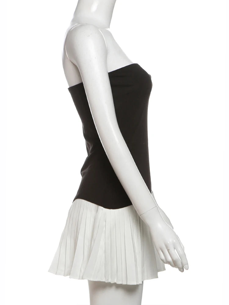 Mini Dresses - Black White Patchwork Dress Women Chest Wrap Backless Ruffles 2025 Y2K Sweet Girl Trend Chic Streetwear Mini Bodycon