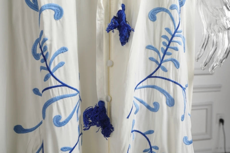 Kaftans - Jastie Embroidered Women Maxi Dress V-Neck Batwing Sleeve Loose Oversize Summer Dresses Drawstring Waist Boho Beach Vestidos