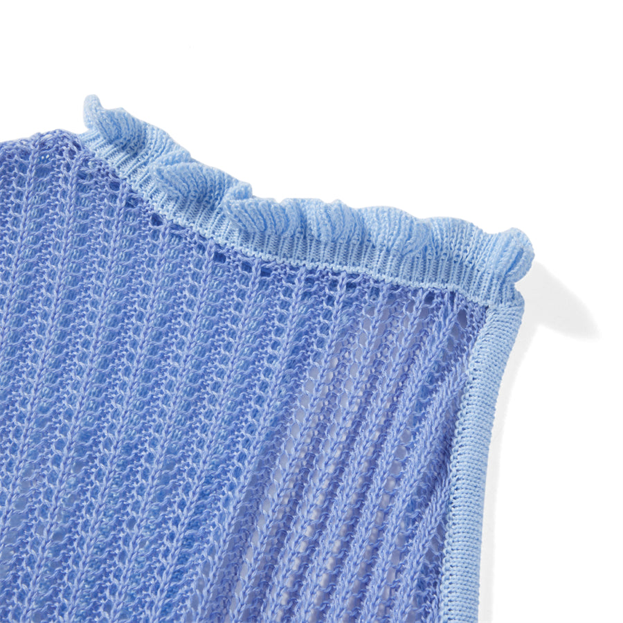 Beach Dresses - Contrast Color Hollow-Out Knit Beach Long Dress 2023 Summer See-Through One-Shoulder Long Sleeve Halter Tie-up Cover-Ups Dress