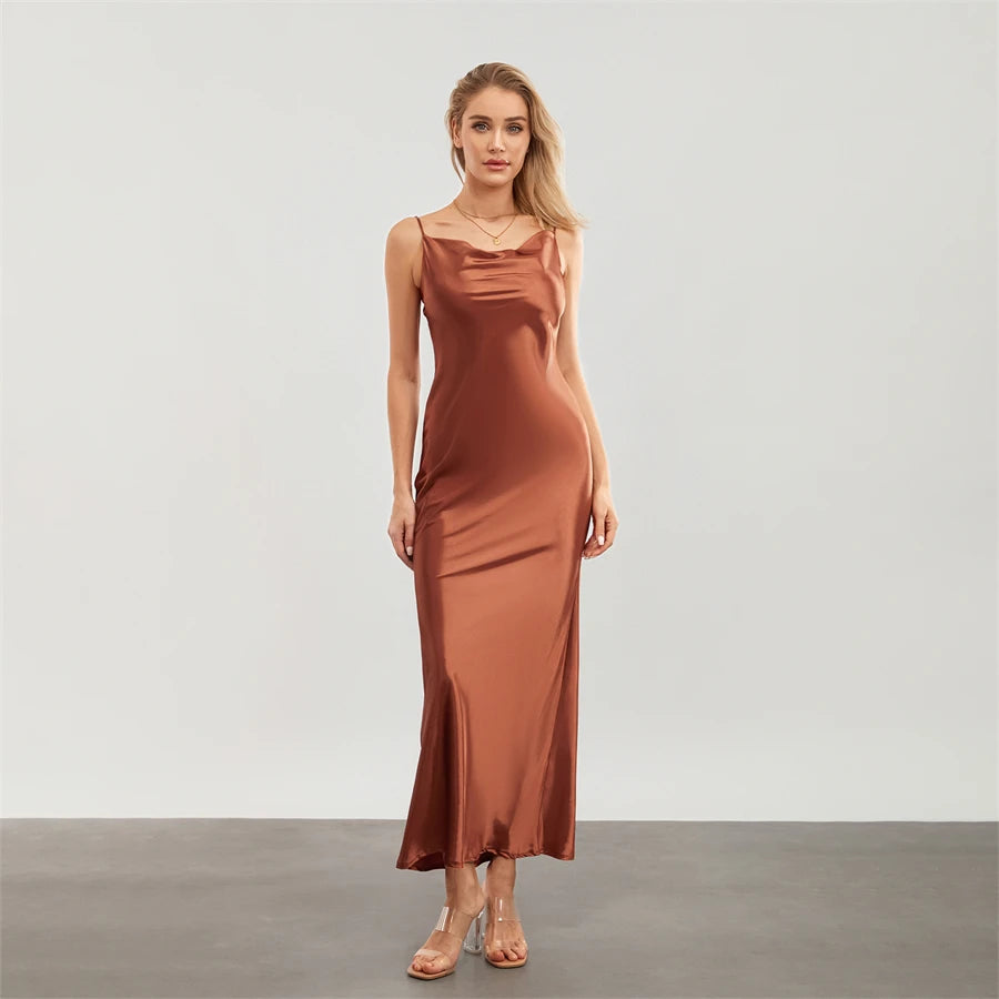 Satin Dresses - Backless Spaghetti Straps Party Long Dresses 2024 New Evening Gown Satin Vestidos Women's Cowl Neck Slip Wrap Dress