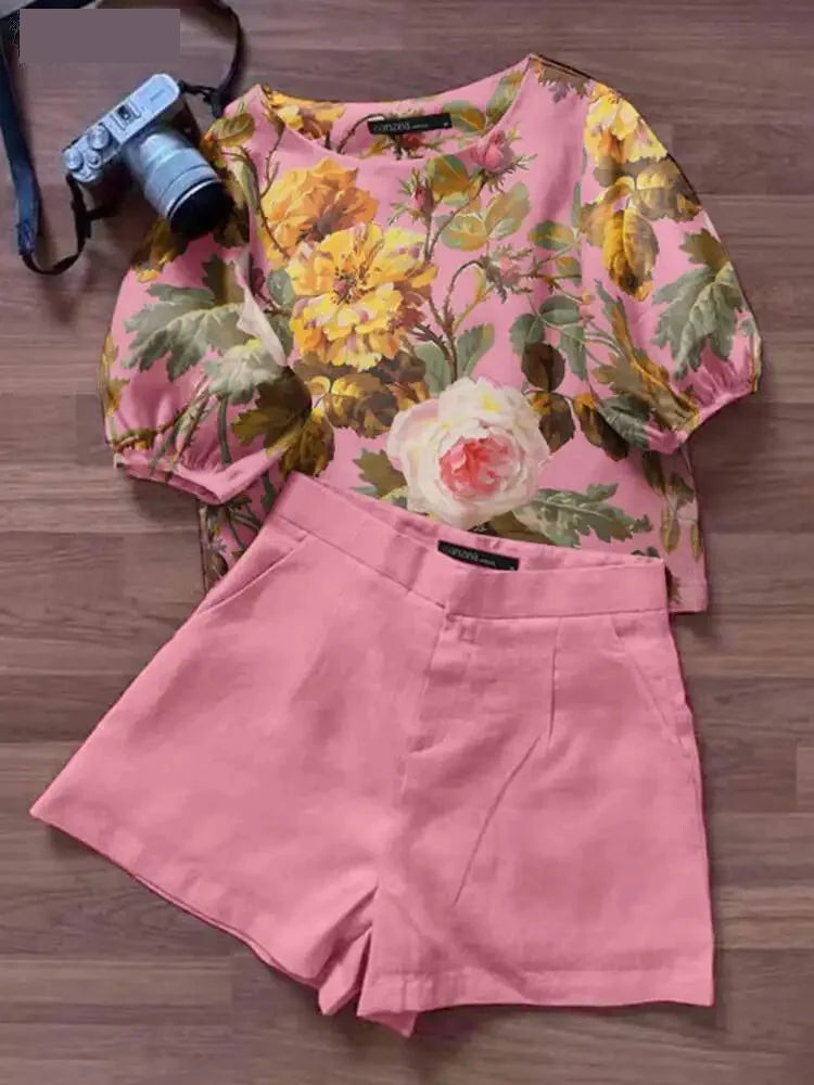 Shorts Outfit Set - Summer Short Sets Women Outfits 2PCS Elegant Short Sleeve Floral Blouse Pant Suit Fashion Tracksuit Matching Sets