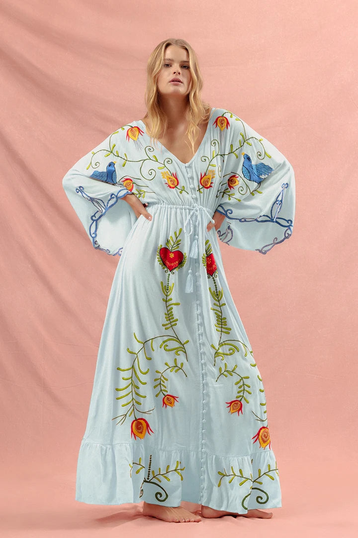 Kaftans - Jastie Embroidered Women Maxi Dress V-Neck Batwing Sleeve Loose Oversize Summer Dresses Drawstring Waist Boho Beach Vestidos