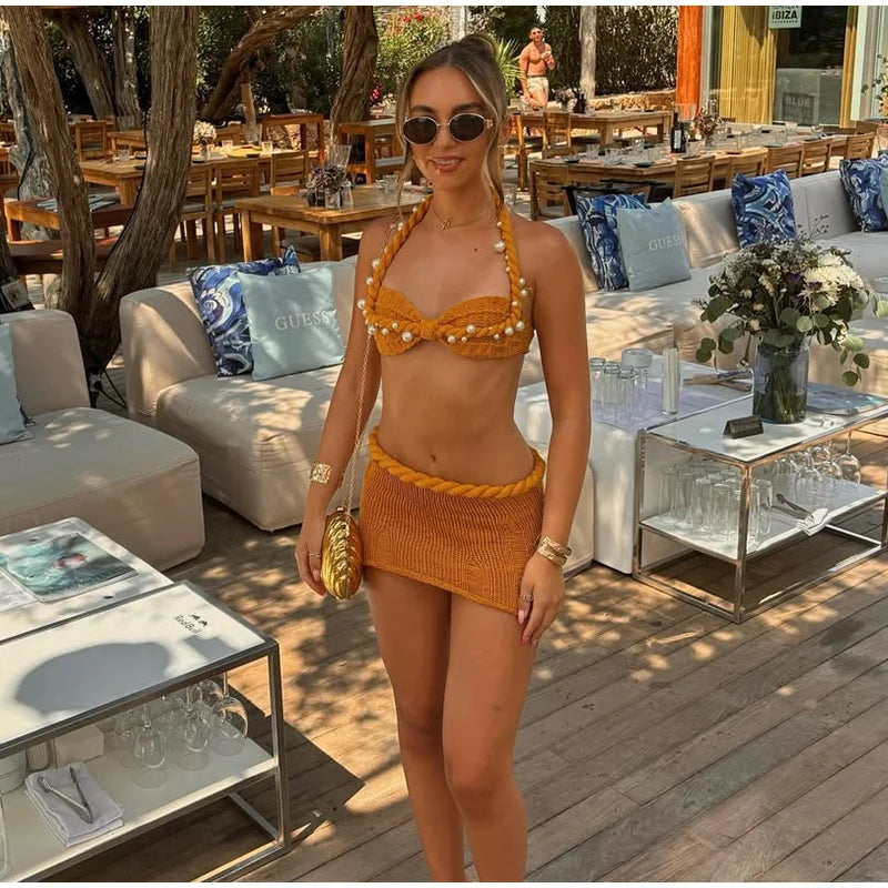 Cover up - Retro Knitted Bikini Top Mini Skirt Woman's Set Casual Solid Pearl Halter Tops High Waist Slim Skirts Sets Female Beach Outfits