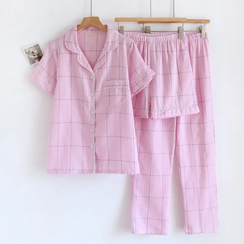 Pajamas - 100% Cotton Women's pajamas Summer Pajama Set Loose-fit Short Sleeve Shorts Trousers Three-piece Thin Homewear
