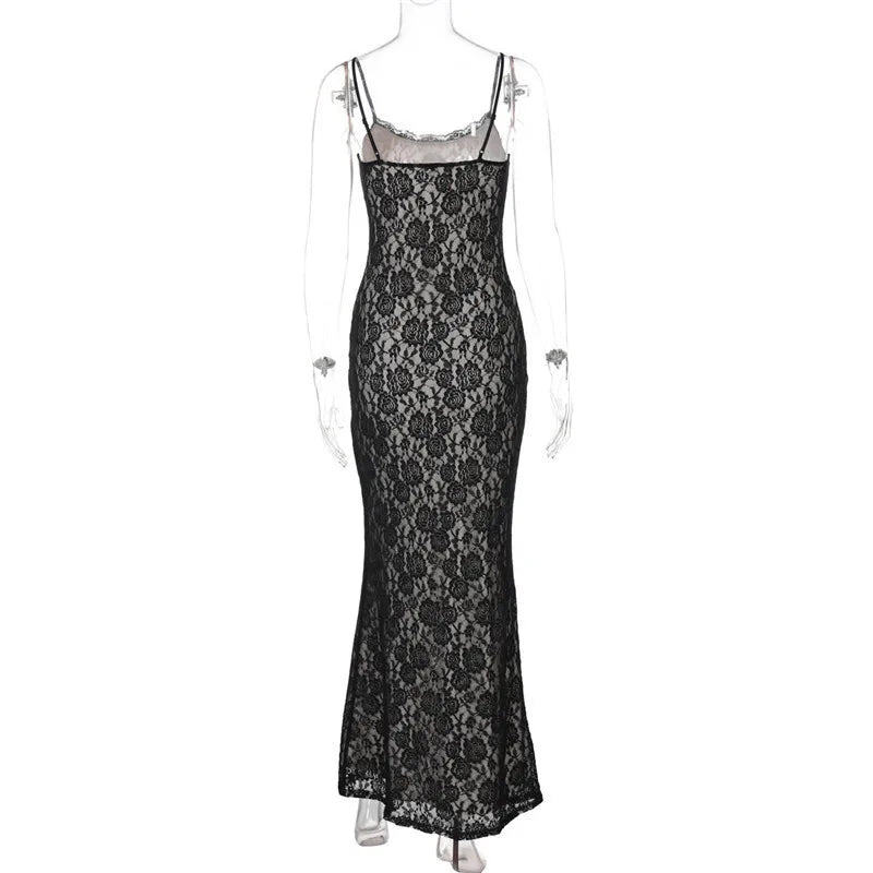 Elegant Dresses - Black Lace Sexy Maxi Dress For Women Slipdress Spaghetti Strap Sleeveless Backless High Waist Bodycon Club Long Dress