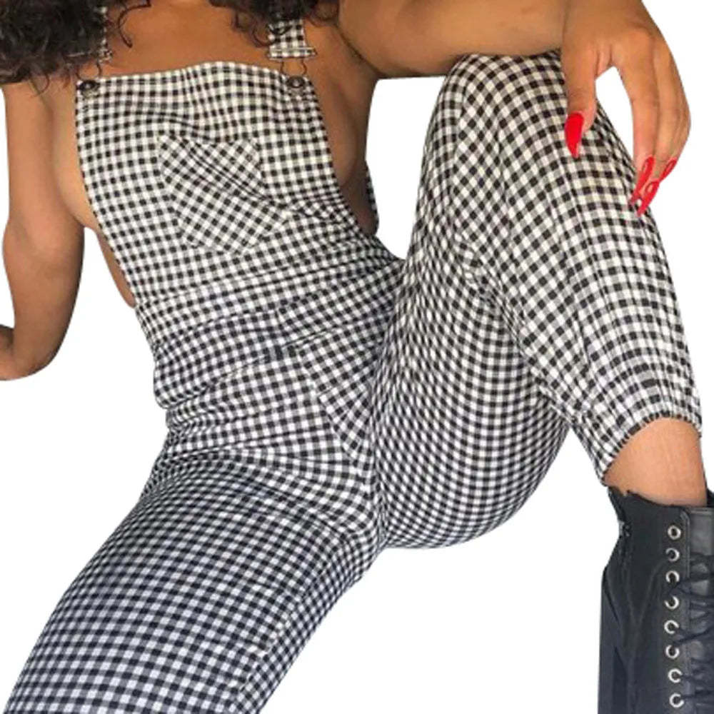 Jumpsuits - Ladies Trousers Women Bottoms Sleeveless Dungarees Loose Plaid Long Playsuit Jumpsuit Pants Woman Clothing Ropa De Mujer