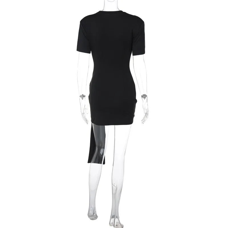Mini Dresses - Short Sleeve Draped Sexy Mini Dress For Women Black Metal Buckle O Neck High Waist Bodycon Club Dress Vestido Clothes
