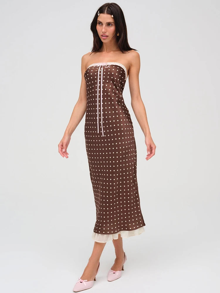 Strapless Dresses - Lace Strapless Backless Sexy Midi Dress For Women Fashion Off-shoulder Sleeveless Bodycon Polka Dot Dress Elegant