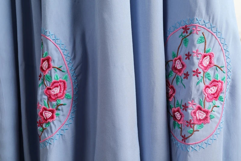 Kaftans - Jastie Embroidered Women Maxi Dress V-Neck Batwing Sleeve Loose Oversize Summer Dresses Drawstring Waist Boho Beach Vestidos