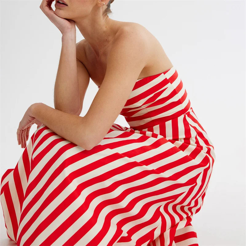 Strapless Dresses - Tube Dress for Women y2k Summer Striped Print Off Shoulder Strapless Sleeveless A Line Long Dress Beach Party Dresses