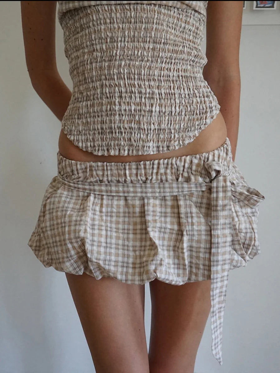 Casual Outfits - Women Y2K 2 Piece Bubble Skirt Outfit Set Off the Shoulder Plaid Halter Tank Top and Puff Mini Skirt with Belt Party Clubwear