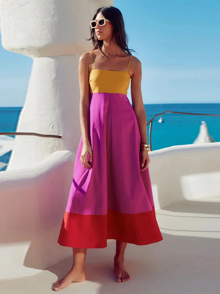 Casual Dresses - Contrast Color Holiday Long Dress Women 2025 Spring Spaghetti Strap High Waist Sleeveless Backless Dresses Female A-line Beach