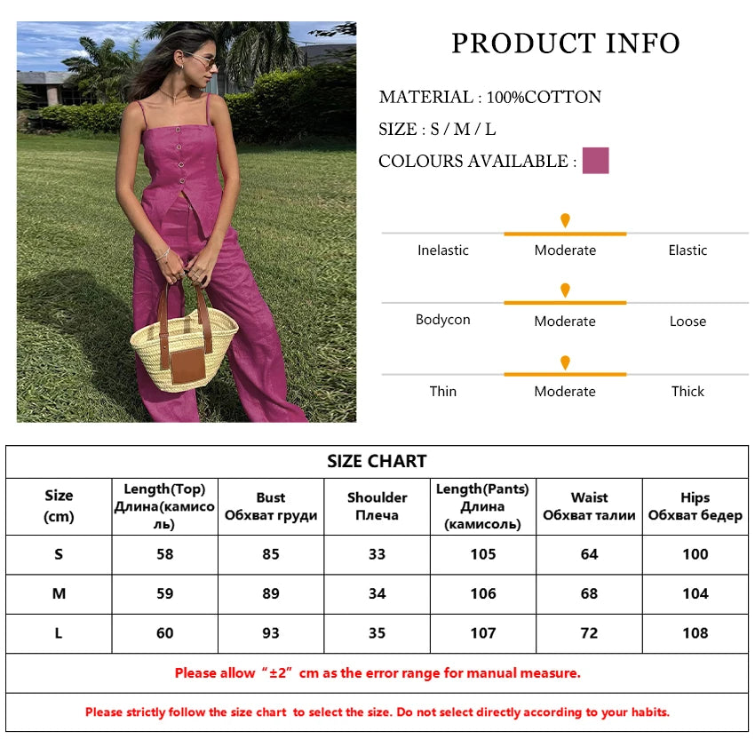 Pants Sets - Summer Loose Pink Cotton Trousers Set 2 Pieces Women 2025 Sexy Sleeveless Tank Top With High Waist Wide Pants Set Female