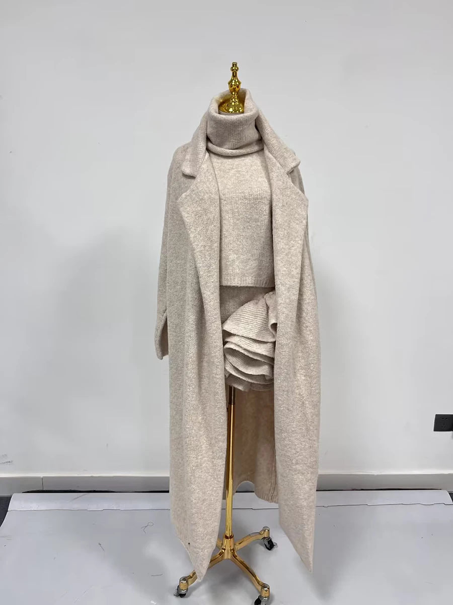 Knitwear - TWOTWINSTYLE Three Piece Set For Women Lapel Long Sleeve Coat High Neck Vest High Waist Patchwork Appliques Skirt Sets Female